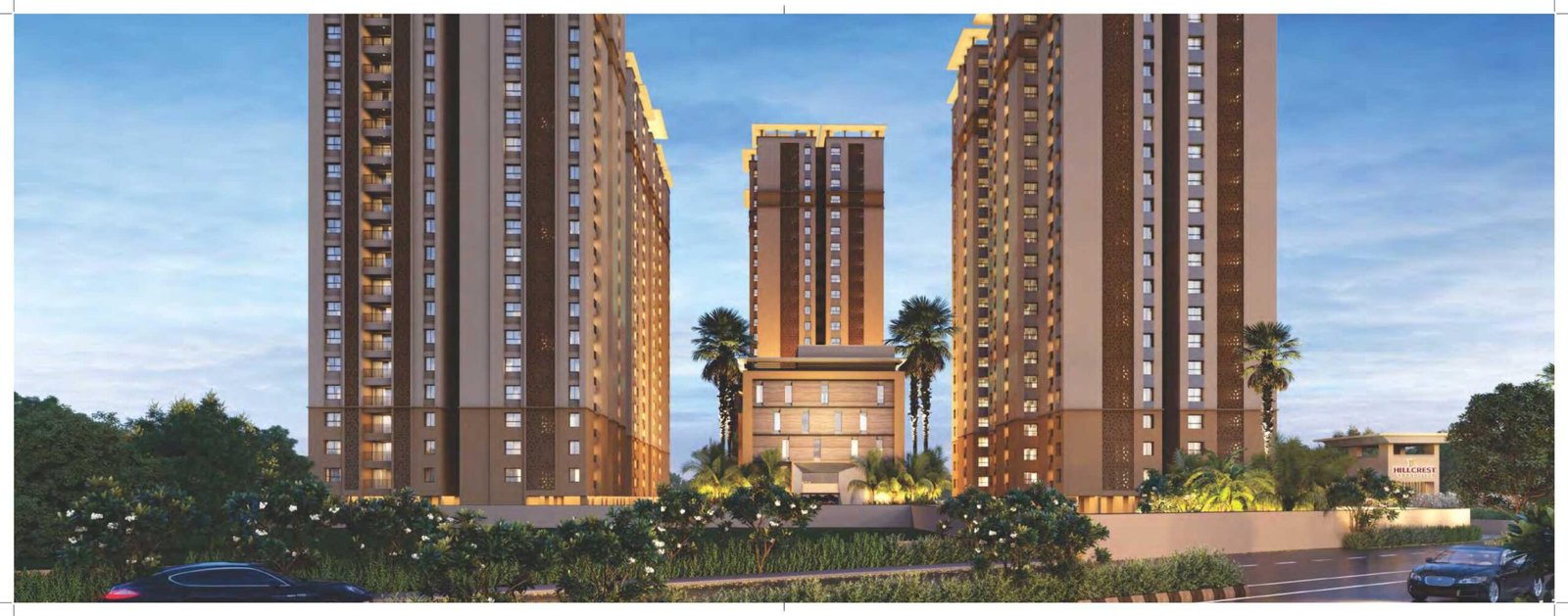 Hillcrest apartment complex with landscaped courtyard